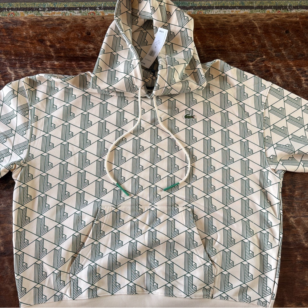 Lacoste Cream and Green Logo Patterned Hoodie